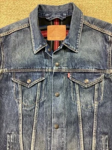 LEVI STRAUSS Large Blue Denim Jacket Tartan Lined Big E Premium Trucker Jean VGC - Picture 1 of 15