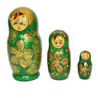 3 Pc Russian Nesting Dolls/Green w/Flowers Gold Details/Matryoshka/Handmade