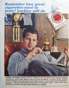 De colección 1961 Lucky Strike Cigarettes Frank Gifford anuncio impreso sala de trofeos de fútbol - Imagen 1 de 1
