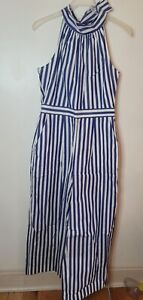New with Tags J Crew halter jumpsuit Blue White striped Cotton Zip Up Womens 4