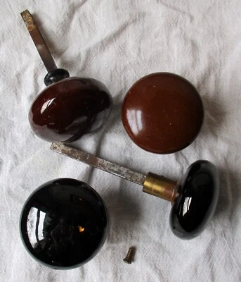 2 Sets Antique Ceramic Door Handles with Spindles ~ Black w/Brass Brown w/Steel - Image 1 of 4