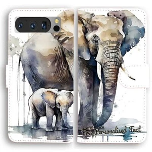 Personalised Text Wallet Phone Cover For Google Series - Mother Elephant & Calf - Picture 1 of 1