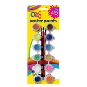 12 Poster paints with 3 Brushes Set Paint Children's Art & Crafts 15 piece - Picture 1 of 2
