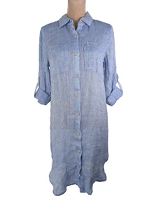Magaschoni Italy Lagenlook Linen Blue Shirt Dress S Semi Sheer Coastal Beachy - Picture 1 of 11