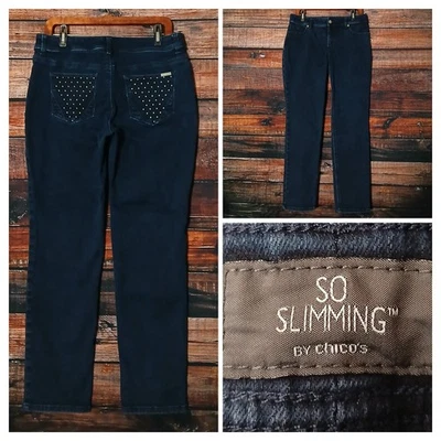 Pantalones de mezclilla Chicos talla 1 EE. UU. 8 tan adelgazantes tiro medio rectos adornados lavado oscuro  Foto 1 de 4