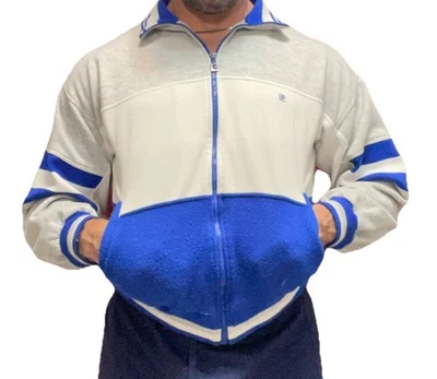 Jaqueta de pista retrô vintage Pierre Cardin azul branca esportiva com zíper tamanho grande - Imagem 1 de 4