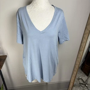 MNG Damen T-Shirt hellblau V-Ausschnitt Kurzarm Strick Tee Gr. XL - Bild 1 von 11