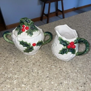 Vintage Lefton 6062 Covered Sugar Bowl And Creamer White w/ Holly & Berry Xmas - Picture 1 of 5