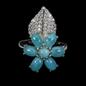 925 Anillo Plata de Ley Ovalado Larimar 6x4mm Gema Natural Flor Talla 7.5 - Imagen 1 de 14