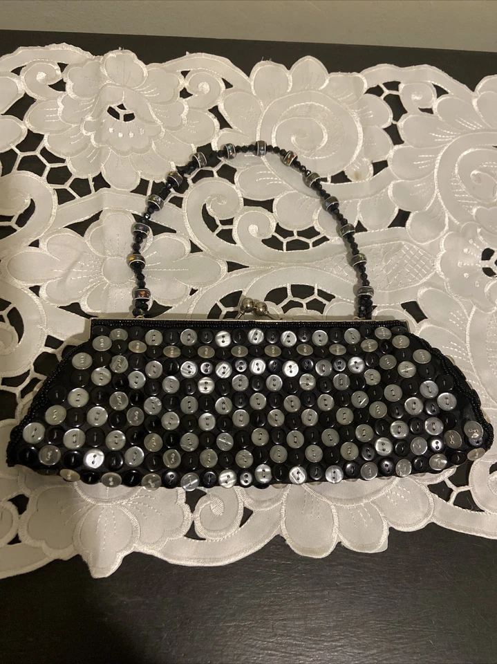 Vintage Black Purse with buttons and beads Kiss Clasp Closure Clutch Or Handle - Image 1 of 4