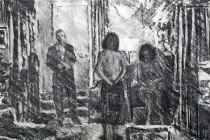 Man & 2 Women Original Charcoal Illustration by Saul, Bernard 1987 Artwork - Picture 1 of 2