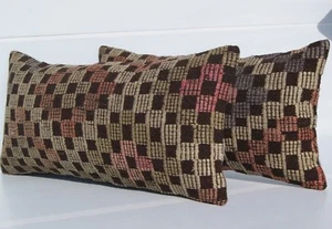 SYMETRICAL TURKISH PILLOW COVER RECTANGLE WOOL GEOMETRIC KILIM AREA RUGS 24"X12" - Picture 1 of 3