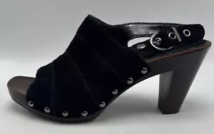 Wooden Sandals Womens 7.5 Heels Black Suede Leather Platform Buckle Studded 3.5" - Picture 1 of 9