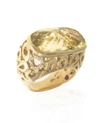 全新 Never Worn Roberto 硬币 18K 黄金 柠檬石英戒指 尺寸 6.75 红宝石 — 第 1/4 张图片