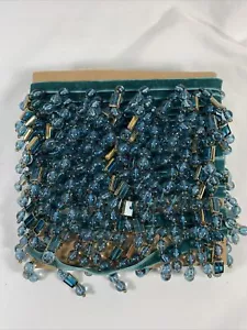 Wav 1 3/4" Beaded Velvet Ribbon Fringe -Aqua (sold by the yard) - Picture 1 of 4