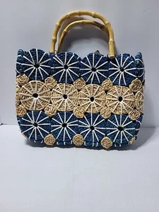 Rattan, Straw & Bamboo Handbag Bag Satchel Blue & Natural Beach Tote 13"x9.5" - Picture 1 of 4