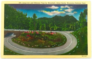 Great Smoky Mountains cartolina vintage lino passante sopra cime camino luna notte - Foto 1 di 2