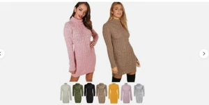 Women's Chunky Cable Knitted Polo Neck Long Sleeves Warm Sweater Jumper Dress - Picture 1 of 26