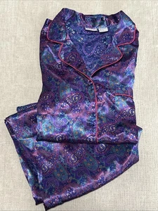 VTG Cacique Size Small Pajama Set Purple Paisley Silky Satin Long Sleeves/Pants - Picture 1 of 9