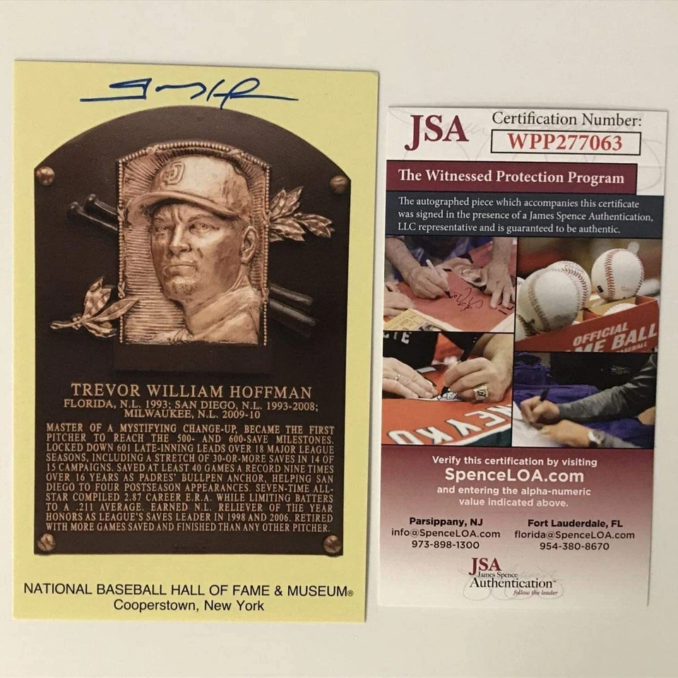 Autographed/Signed TREVOR HOFFMAN HOF Hall Of Fame Plaque Postcard JSA COA Auto - Image 1 of 2
