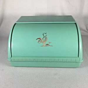 Vtg MCM Plastic Bread Keeper Box Vented Roll Top Mint Green Rooster Farmhouse - Picture 1 of 12