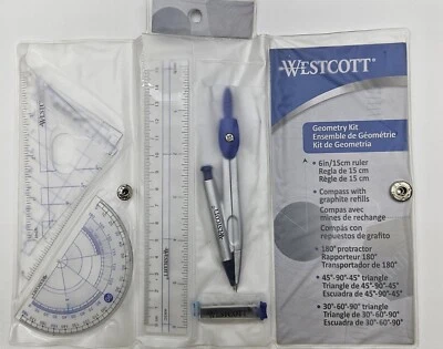 Westcott 14564 Geometry Set Kit Compass Protractor Triangles Ruler Storage Pouch - Изображение 1 из 4