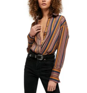 Free People Women Brown Long Sleeve Stripe Button-Down Blouse Medium - Picture 1 of 4
