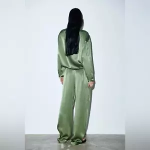 NWT Zara Satin Effect Green Long Sleeve Shirt and Pants Matching Set - Picture 1 of 13