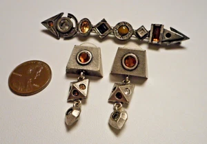 Patricia Locke Modernist Jeweled Silver-tone Bar Pin & Drop Pierced Earrings Set - Picture 1 of 15