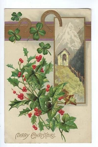 Merry Christmas Postcard Holly Horseshoes 4 Leaf Clovers Mountain Peak c1908 - Picture 1 of 2