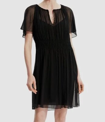 $365 Theory Mujer Negro Seda Manga Corta Acampanada Cuello Atado Mini Vestido Talla S Foto 1 de 2