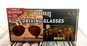 Pugs Driving Glasses: 2 Pair Day/Night with Microfiber Bags/Cleaning Cloths NEW - Picture 1 of 13
