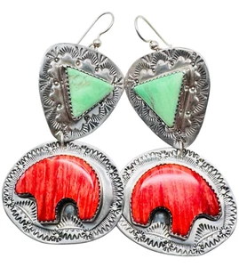 Vtg NAVAJO BEN SHILEY Sterling Silver Spiny Oyster Bear Turquoise Large Earrings - Picture 1 of 13