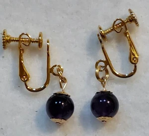 clip on/ Screwback Dangle Earrings - Goldtone - 8mm Dia Purple Amethyst - Picture 1 of 11