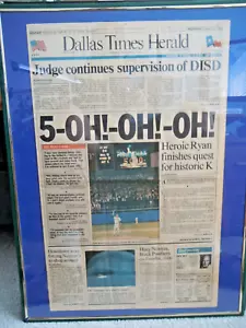 NOLAN RYAN 5000K STRIKEOUT MILESTONE NEWSPAPER TEXAS RANGERS 1989 Framed - Picture 1 of 1