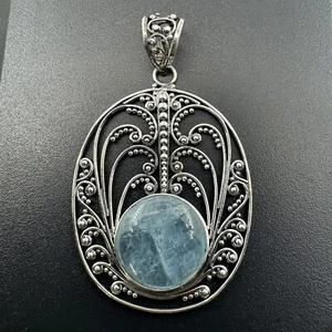 Aquamarine Crystal Bali/Filigree Sterling Silver 925 Oval Pendant #1023 - Picture 1 of 5