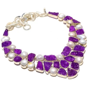 Raw Purple Druzy Pearl Gemstone Silver Plated Statement Necklace Jewelry 18" - Picture 1 of 1