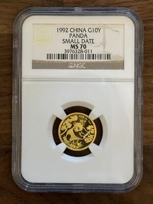 1992 MS70 China Gold Panda Small Date 1/10 oz G10Y 10 Yuan NGC Perfect Coin! - Image 1 of 2
