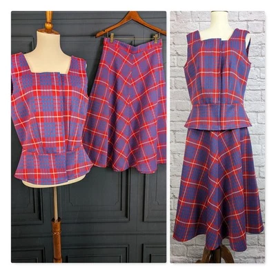 Vintage Mod 2 Piece Plaid Dress Red Blue Plaid Skirt and Vest Shirt Medium Large - Image 1 of 4
