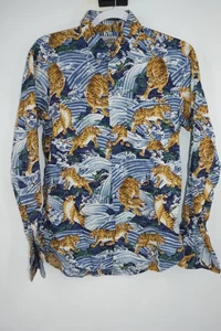 Camisa Naked & Famous Para Hombre Mediana Azul Estampado Tigre Japonés Manga Larga Abotonada - Imagen 1 de 5
