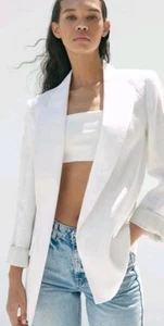 Blazer blanco manga larga nuevo con etiquetas ZARA para mujer L 100 % lino frente abierto - Imagen 1 de 7