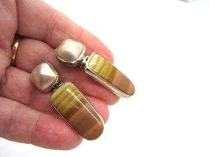 STEPHEN DWECK Sterling Silver Agate Mother of Pearl One Of A Kind Clip Earrings - Picture 1 of 6