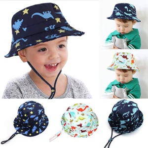 Baby Boy Girl Bucket Sun Hat Chin Strap 100% Cotton Summer Beach Kid Cap 0-8 Yrs - Picture 1 of 15