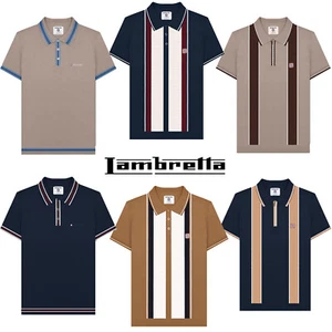 Hommes Lambretta Polo Tricoté Manche Courte 1/4 Zip & Bouton Coton Rayé - Imagen 1 de 43