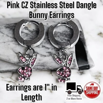 Pendientes de aro colgantes retro de acero inoxidable rosa circonita cúbica  Foto 1 de 3