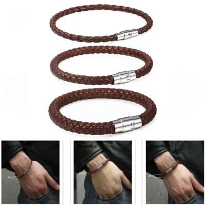 Brown Man-made Leather Rope Cord Bracelet Stainless Steel Magnetic Clasp 4/6/8mm - Image 1 of 4
