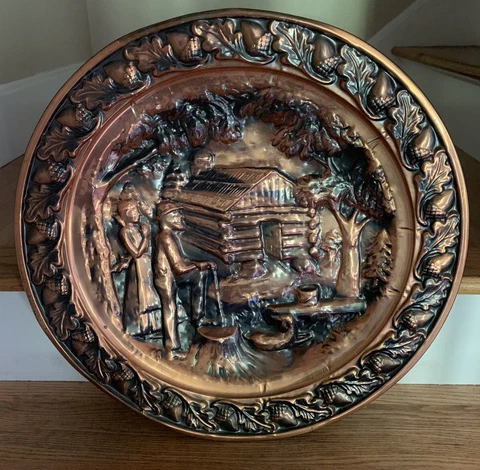 VTG Large 19 3/4'' D Wall Decor 3-D Plate with Embossed Lumberjacks Forest Scene Cover