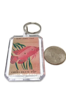 Schlüsselanhänger Vintage Streichholzschachtelhülle Ohio blaue Spitze Rubin Juwel Fisch  - Bild 1 von 2