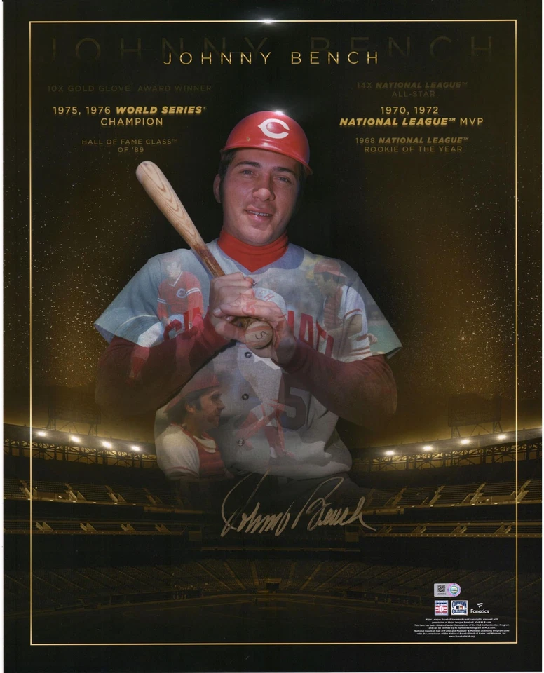 Foto firmada por Johnny Bench Cincinnati Reds 16x20 años dorados Foto 1 de 1