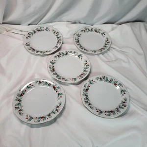 Set of 5 China Pearl Noel Dessert Salad Plates 7.5" Christmas Holly Gold Rim - Picture 1 of 16